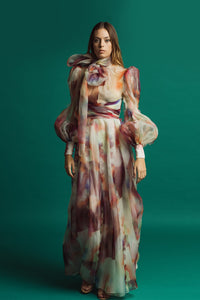 Flowy skirt printed organza dress - HerTrove