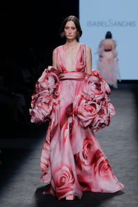 Banded waistline printed silk gown - HerTrove