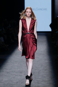 Draped wasitline sleeveless knee length dress - HerTrove