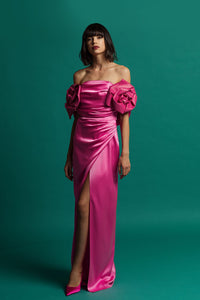 Flower detailed off sleeves side slit gown - HerTrove