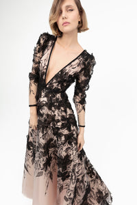 Deep V-neck 3d floral gown - HerTrove