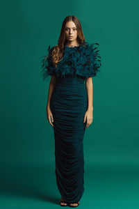 Fitted ruched dress featuring feathered bolero - HerTrove