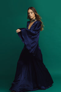 Oversized sleeves draped waistline gown with necklace - HerTrove