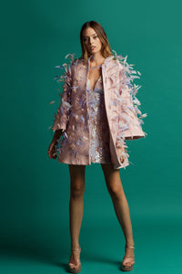 Beaded dress featuring long sleeves feathered coat - HerTrove
