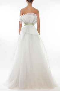 Ruffled neckline strapless french lace gown - HerTrove