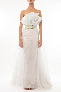 Ruffled neckline strapless french lace gown - HerTrove
