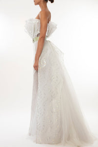 Ruffled neckline strapless french lace gown - HerTrove