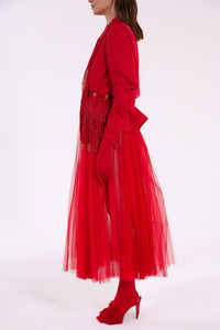Crepe fringed blazer with tulle pleated skirt - HerTrove