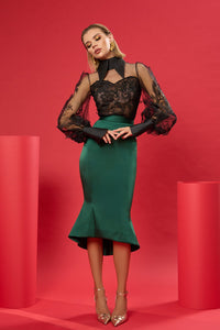 HerTrove-3D flowers blouse with midi skirt