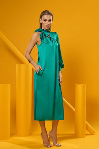 HerTrove-Bow shoulder one sleeve satin dress