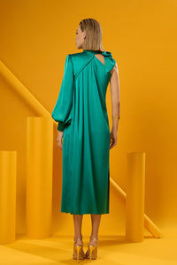 HerTrove-Bow shoulder one sleeve satin dress
