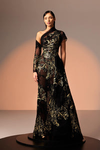 Her Trove - Asymmetric neckline lace gown