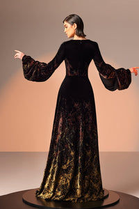 Her Trove - Long sleeves printed velvet dress
