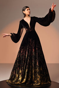 Her Trove - Long sleeves printed velvet dress