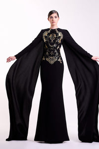 Her Trove - Gold lace mermaid gown with cape