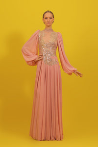 HerTrove-Puff sleeves crepe georgette dress with embroidery