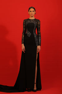 HerTrove-Embroidered bodice high slit crepe gown