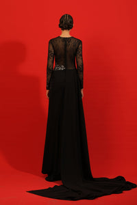 HerTrove-Embroidered bodice high slit crepe gown