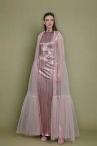 Fully pleated dress featuring tiered tulle cape - HerTrove