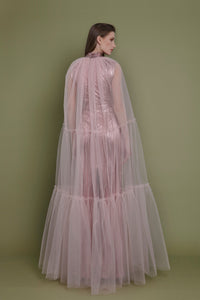Fully pleated dress featuring tiered tulle cape - HerTrove