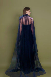 Pleated chiffon dress featuring sweep train cape - HerTrove