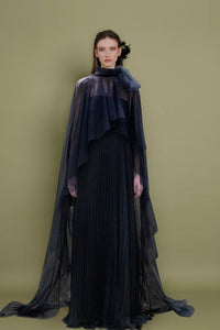Pleated chiffon dress featuring sweep train cape - HerTrove