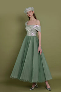 One shoulder ankle length pleated gown - HerTrove