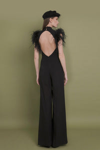 Cut out bodice flare pants jumpsuit featuring feathered shoulders - HerTrove