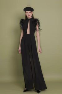 Cut out bodice flare pants jumpsuit featuring feathered shoulders - HerTrove