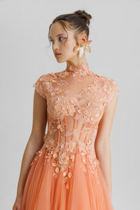 HerTrove-High collar floral corseted dress