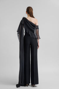 HerTrove-Crepe jumpsuit with cape like chiffon sleeve