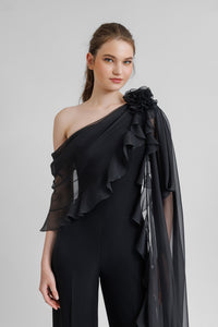 HerTrove-Crepe jumpsuit with cape like chiffon sleeve