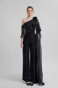 HerTrove-Crepe jumpsuit with cape like chiffon sleeve