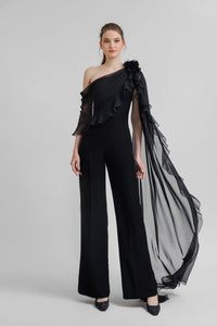 HerTrove-Crepe jumpsuit with cape like chiffon sleeve
