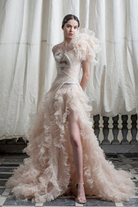 HerTrove-Detailed shoulder pleated tulle dress