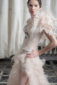 HerTrove-Detailed shoulder pleated tulle dress