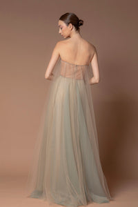 HerTrove-Floral detailed strapless tulle gown