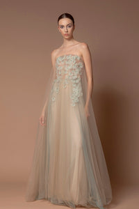 HerTrove-Floral detailed strapless tulle gown