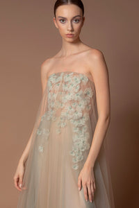 HerTrove-Floral detailed strapless tulle gown