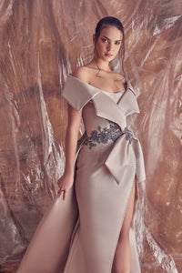 High slit beaded waistline off shoulder gown - HerTrove