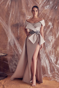High slit beaded waistline off shoulder gown - HerTrove