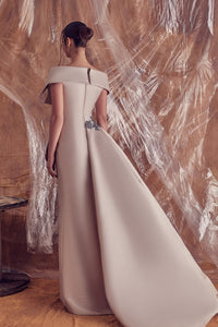 High slit beaded waistline off shoulder gown - HerTrove