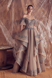 Off shoulder embroidered bodice ruffled ball gown - HerTrove