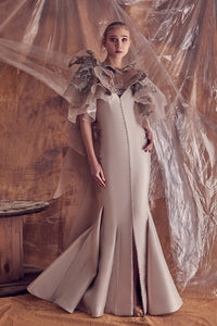 Buttons detailed mermaid dress featuring embellished ruffled cape - HerTrove