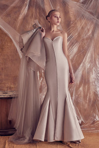 Buttons detailed mermaid dress featuring embellished ruffled cape - HerTrove