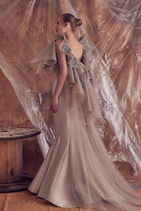 Buttons detailed mermaid dress featuring embellished ruffled cape - HerTrove