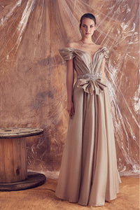 Off shoulder pleated gown featuring rhinestones beaded belt - HerTrove