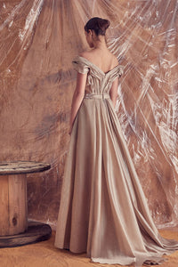 Off shoulder pleated gown featuring rhinestones beaded belt - HerTrove