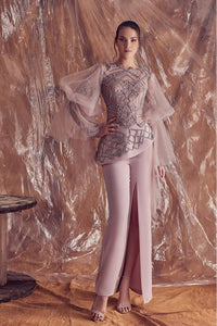 Beaded puff sleeves top with open leg wide pants - HerTrove