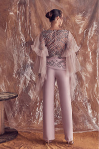 Beaded puff sleeves top with open leg wide pants - HerTrove